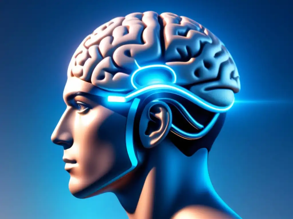 Un dispositivo futurista de interfaces neuronales con conexiones brillantes sobre un escaneo cerebral en tonos azules