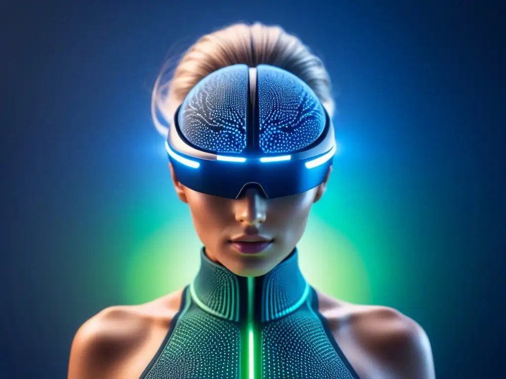 Un dispositivo futurista de interfaz cerebromáquina plateado con patrones neurales y luces LED azules y verdes brillantes, sobre un fondo índigo