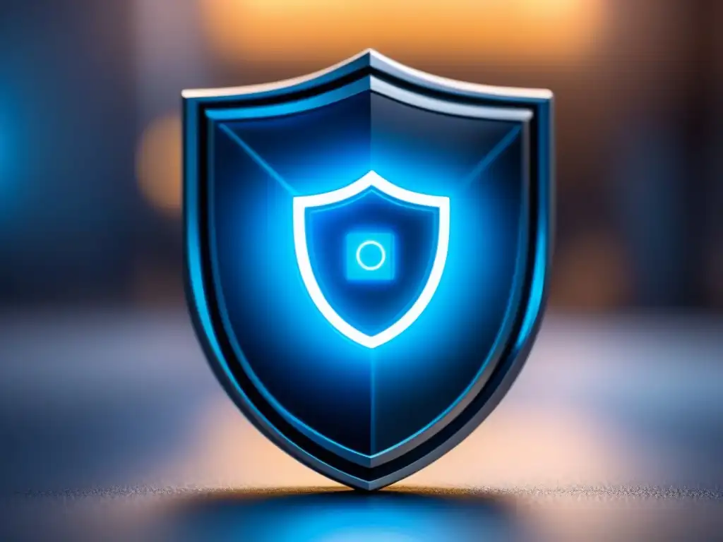 Dispositivo IoT futurista rodeado de un escudo de protección, en tonos metálicos y azules