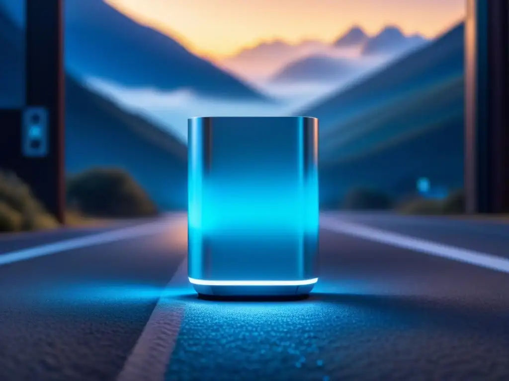 Un dispositivo IoT futurista con seguridad intrincada, iluminado en azul