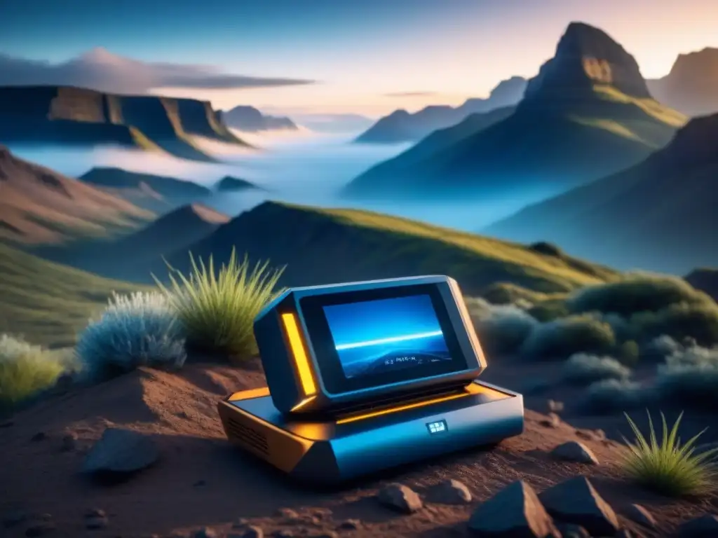 Dispositivo geotecnológico futurista escaneando recursos naturales en paisaje remoto Dispositivo de geotecnología escaneando recursos naturales en un paisaje remoto y áspero, integrando tecnología avanzada con la naturaleza