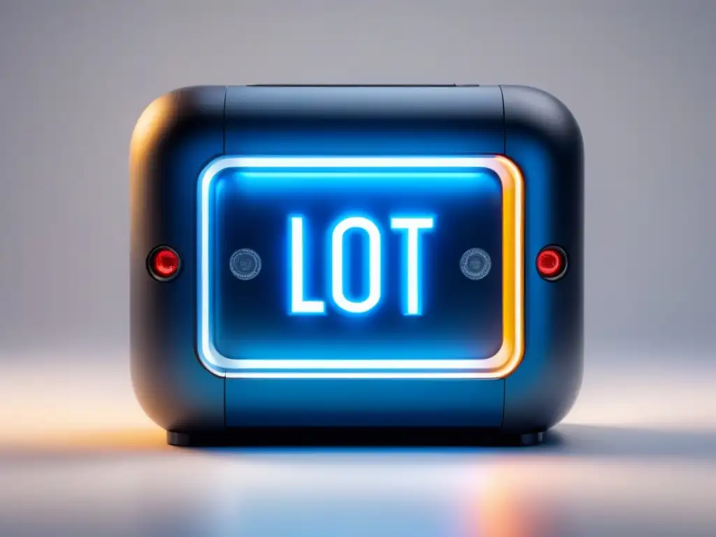 Dispositivo IoT industrial: innovación y seguridad en azul Un dispositivo IoT industrial moderno y elegante con patrones de circuitos intrincados y luces azules brillantes, en un fondo blanco limpio