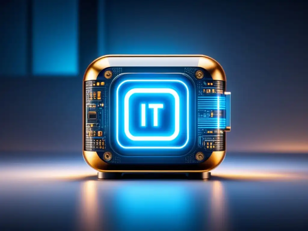 Dispositivo IoT industrial: diseño moderno y seguro con luz azul Dispositivo IoT industrial moderno con patrones de circuito, luz azul y ambiente tecnológico avanzado