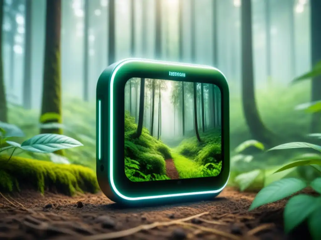 Un dispositivo inteligente futurista se integra armoniosamente en un exuberante bosque, mostrando datos ambientales en tiempo real