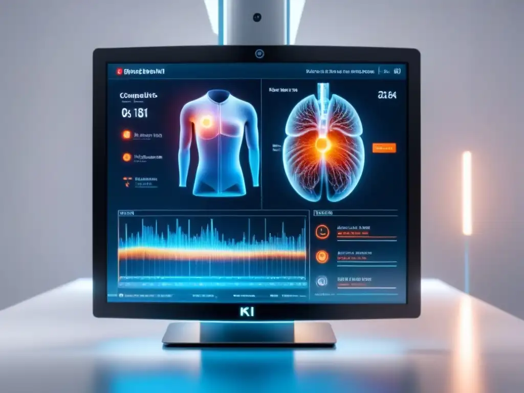 Un dispositivo médico futurista con sensores integrados muestra datos complejos en su pantalla