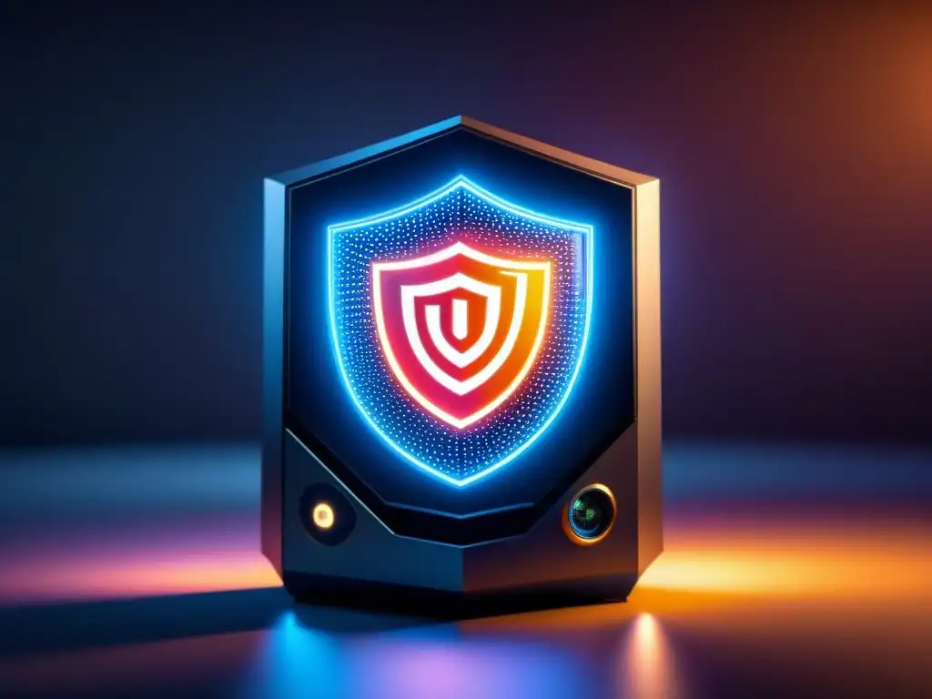 Dispositivo IoT moderno protegido por un escudo digital futurista