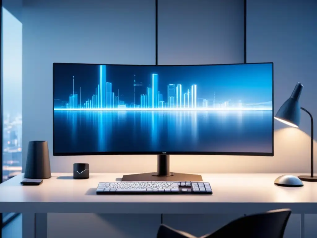 Un dispositivo de monitoreo futurista muestra métricas de seguridad en una oficina moderna