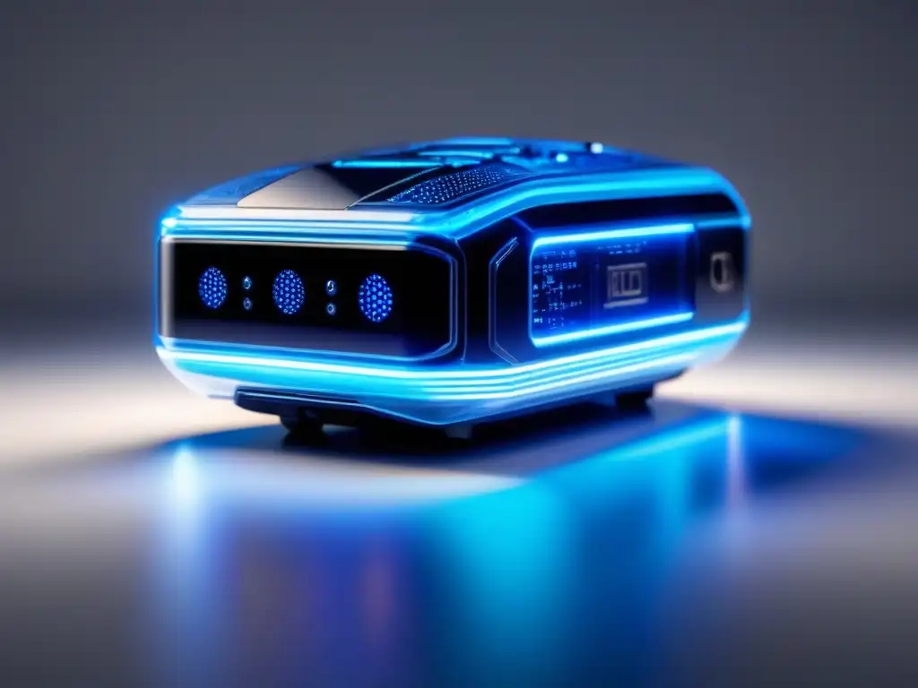 Dispositivo neural futurista revolucionando neurociencia con luces azules brillantes y diseño minimalista en blanco