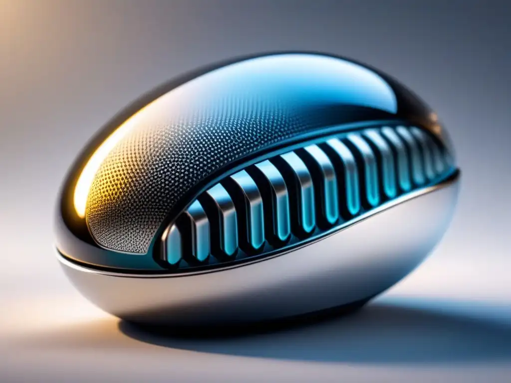 Un dispositivo neural plateado y futurista descansa sobre fondo blanco, con patrones de circuitos visibles en su superficie