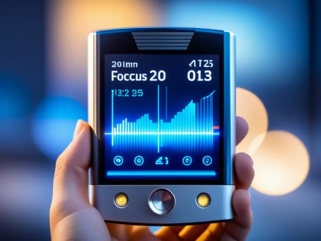 Dispositivo portátil futurista con diseño metálico y gráficos digitales Dispositivo portátil de diagnóstico revolucionario con diseño futurista y acabado metálico, pantalla digital y gráficos detallados en azul y blanco