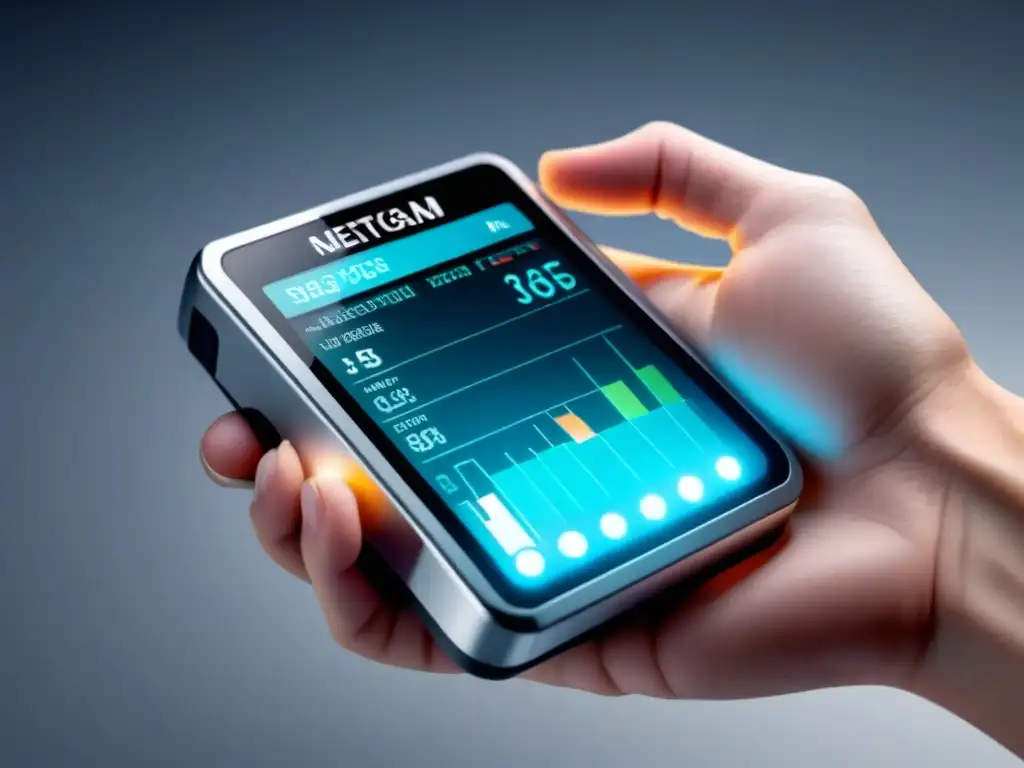 Dispositivo médico futurista con datos de salud Un dispositivo portátil de diagnóstico revolucionario, iluminando suavemente sobre una superficie blanca