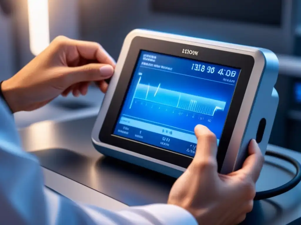 Dispositivo médico portátil futurista: innovación en diagnóstico médico Un dispositivo portátil de diagnóstico revolucionario en un laboratorio blanco, emitiendo luz azul innovadora