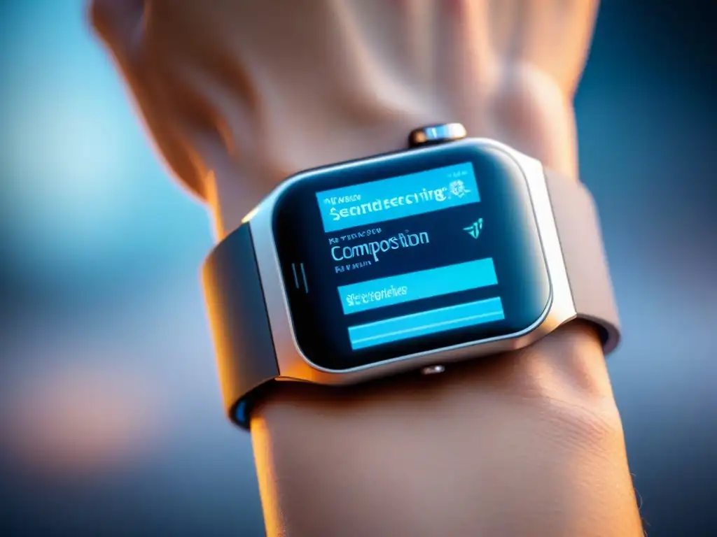 Dispositivo de salud wearable futurista con sensores biométricos integrados, mostrando datos vitales en interfaz minimalista