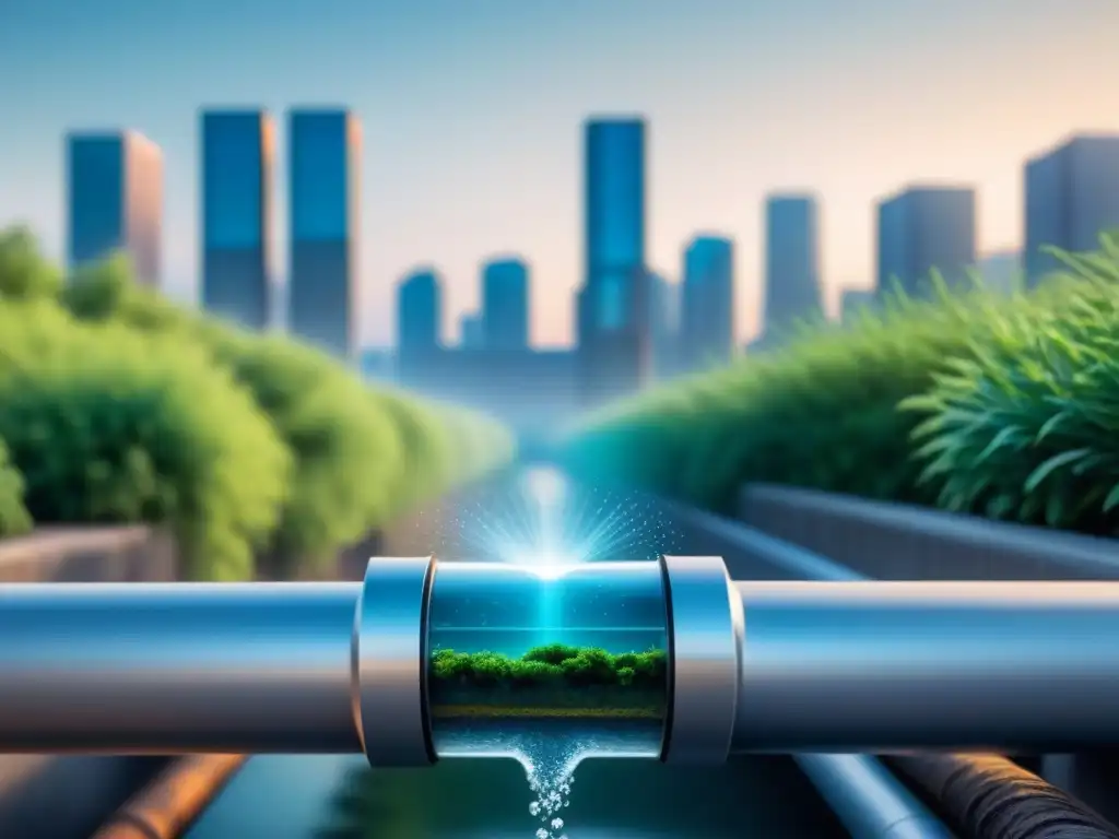 Dispositivo IoT para sostenibilidad hídrica integrado en tubería urbana, fusionando tecnología y naturaleza