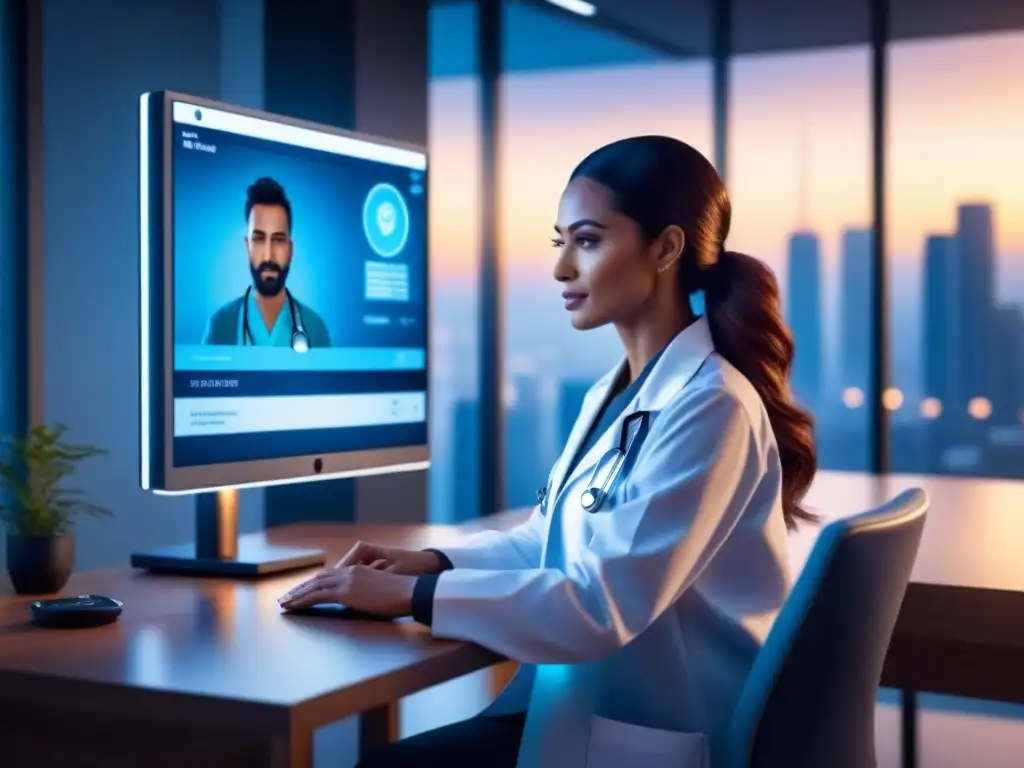 Un dispositivo de telemedicina futurista muestra a un doctor virtual consultando con un paciente, en un entorno médico avanzado y sereno