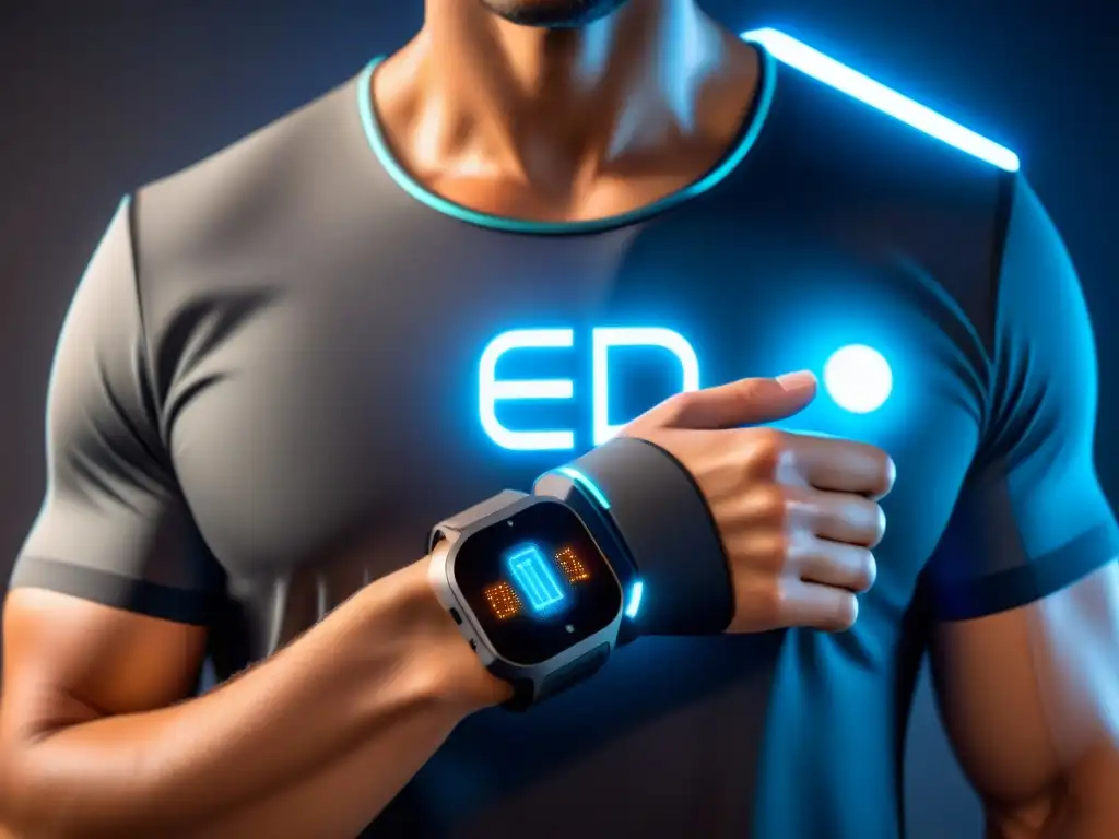 Un dispositivo wearable futurista para monitoreo de salud ocupacional, con sensores detallados y pantalla digital avanzada