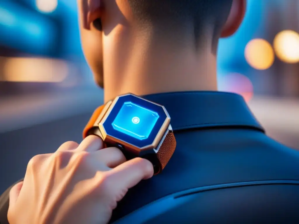 Un dispositivo wearable industrial futurista, con diseño avanzado y tecnología innovadora, en tonos metálicos y azules