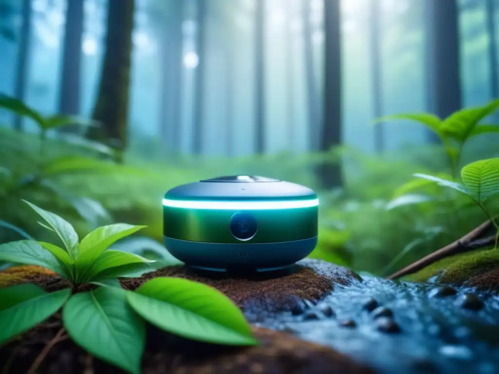 Dispositivos inteligentes para monitorización ambiental: sensor moderno en bosque vibrante integrando tecnología y naturaleza