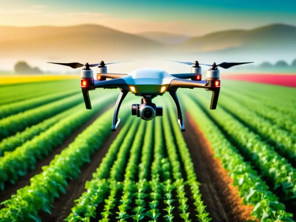 Dron de alta tecnología sobre campos verdes, con equipo de agricultura de precisión ajustando niveles de fertilizante