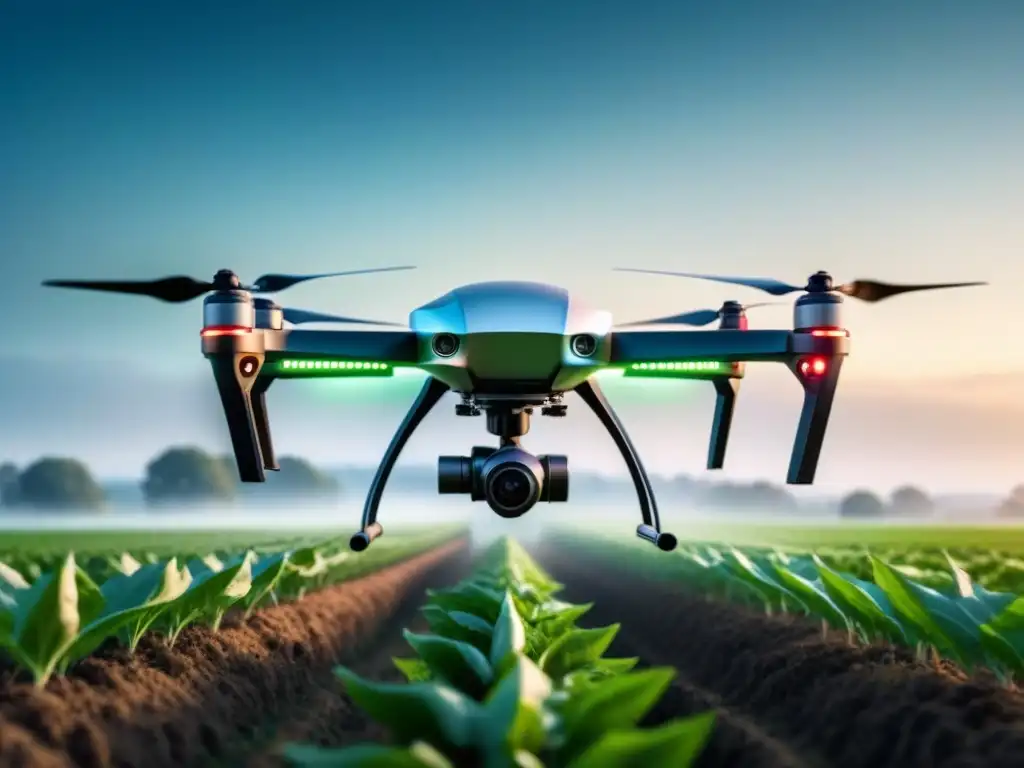 Dron de alta tecnología sobre campos verdes, capturando datos para agricultura precisa