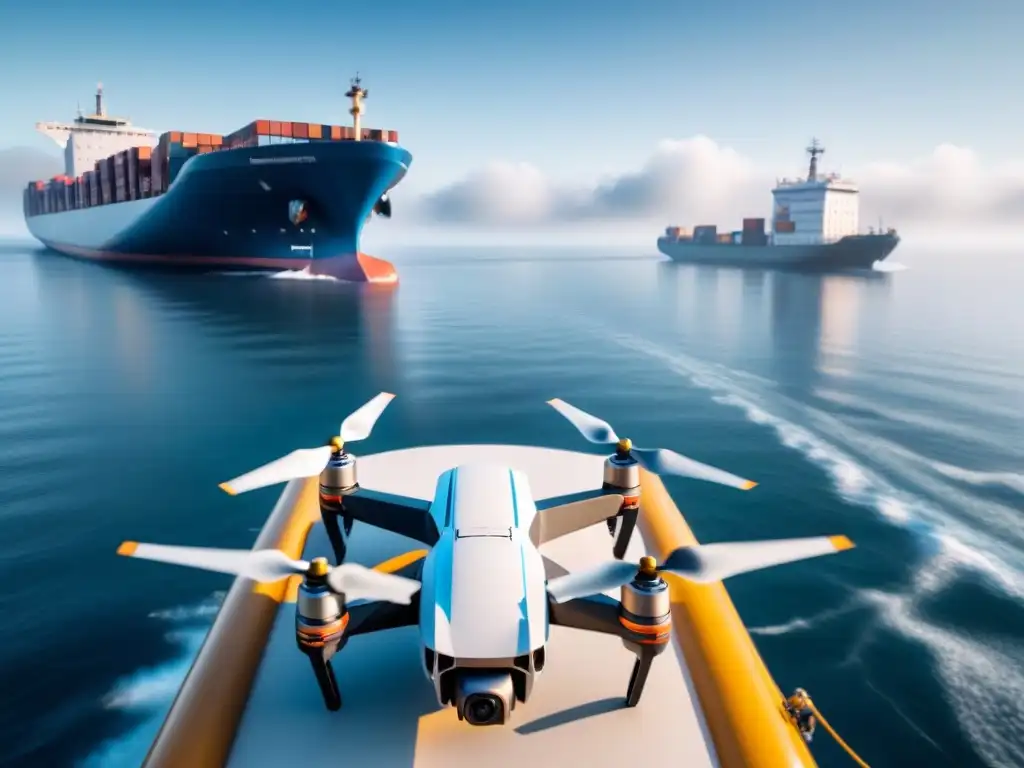 Un dron sobrevolando un barco de carga en el mar, destacando la eficiencia de los vehículos no tripulados en industria marítima