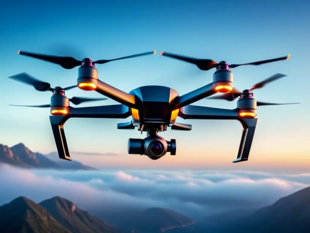 Dron comercial futurista en cielo azul claro