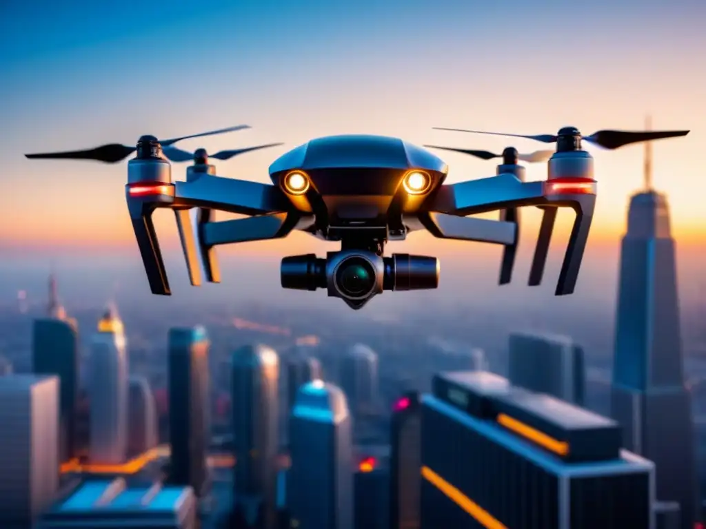 Un dron comercial futurista sobrevolando una ciudad al atardecer