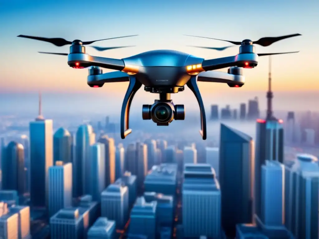 Dron comercial moderno sobrevolando una ciudad, reflejando tecnología innovadora