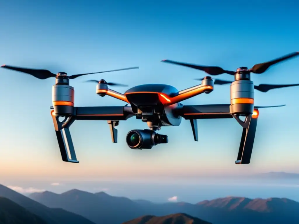 Dron comercial negro en el cielo azul, detallado y preciso