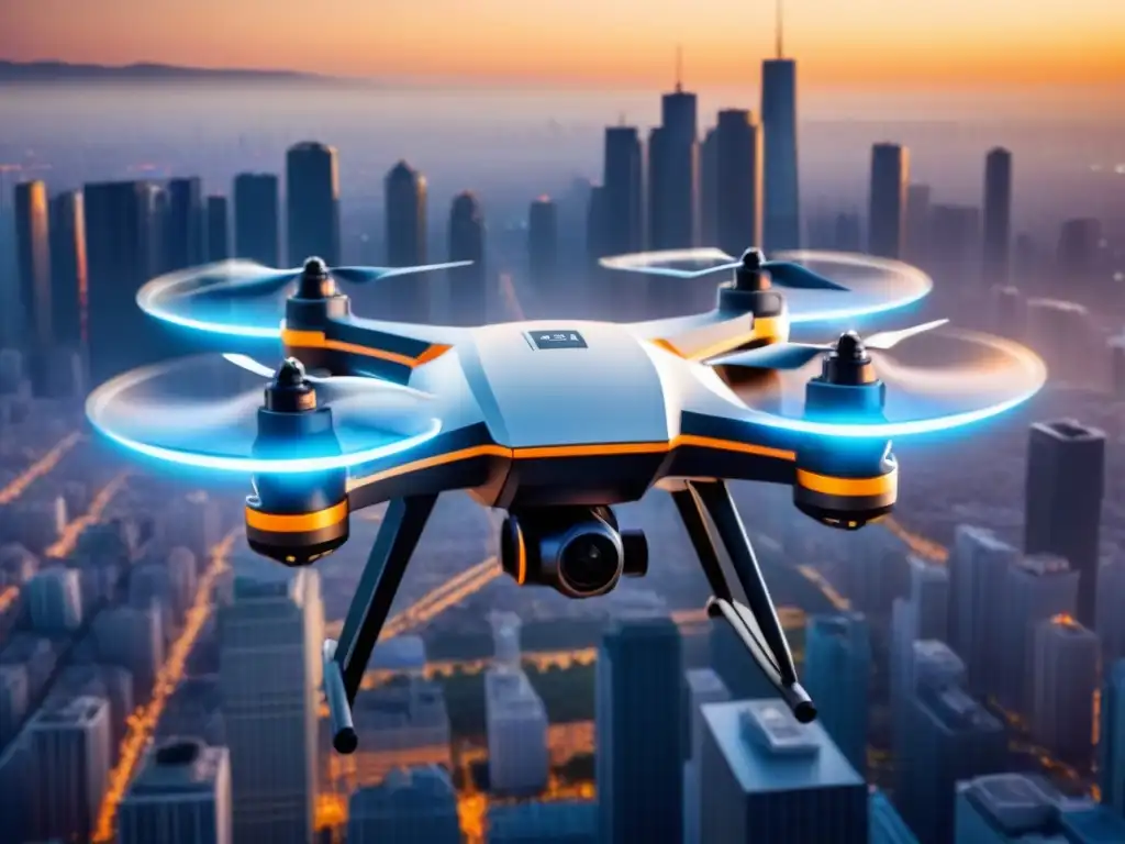 Dron de entrega futurista volando sobre la ciudad al atardecer, con detalles geométricos y tecnología avanzada, optimización de rutas en eCommerce