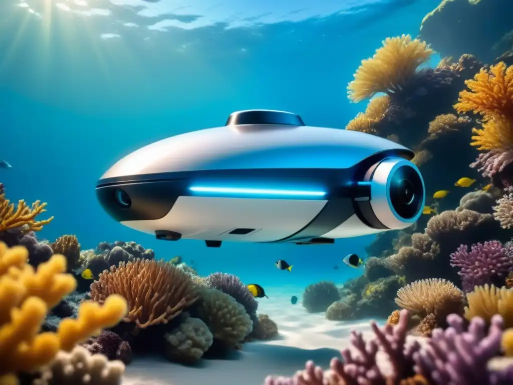 Exploración marina con dron futurista, tecnología avanzada y vida submarina vibrante