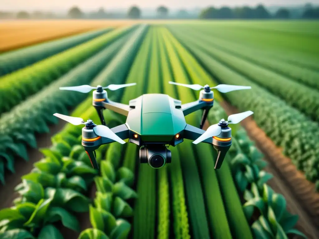 Un dron agrícola futurista con IA sobrevuela campos organizados, mostrando la agricultura sostenible con inteligencia artificial