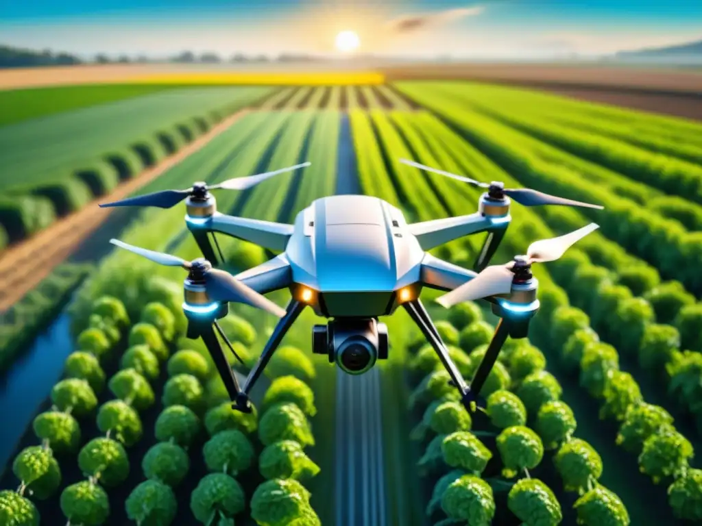 Un dron agrícola futurista capturando datos en campo verde, destacando la inteligencia artificial en agricultura de precisión