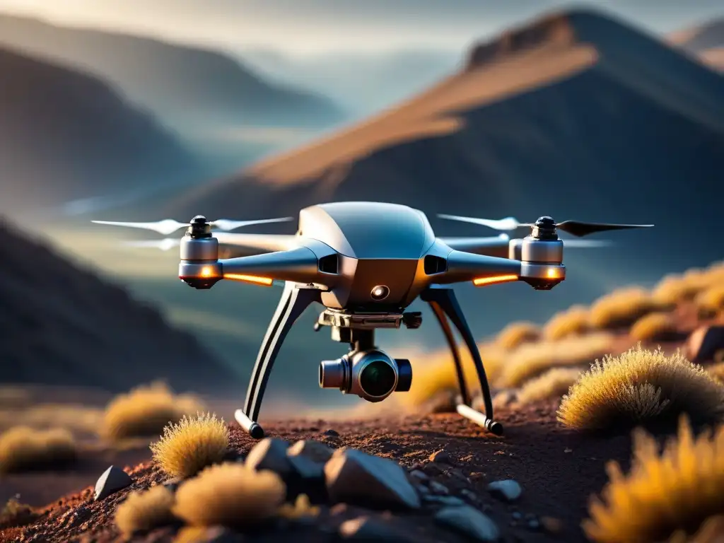 Drone geotecnológico explorando yacimiento mineral Un dron futurista sobrevolando un paisaje con depósitos minerales, reflejando la geotecnología en la exploración de recursos