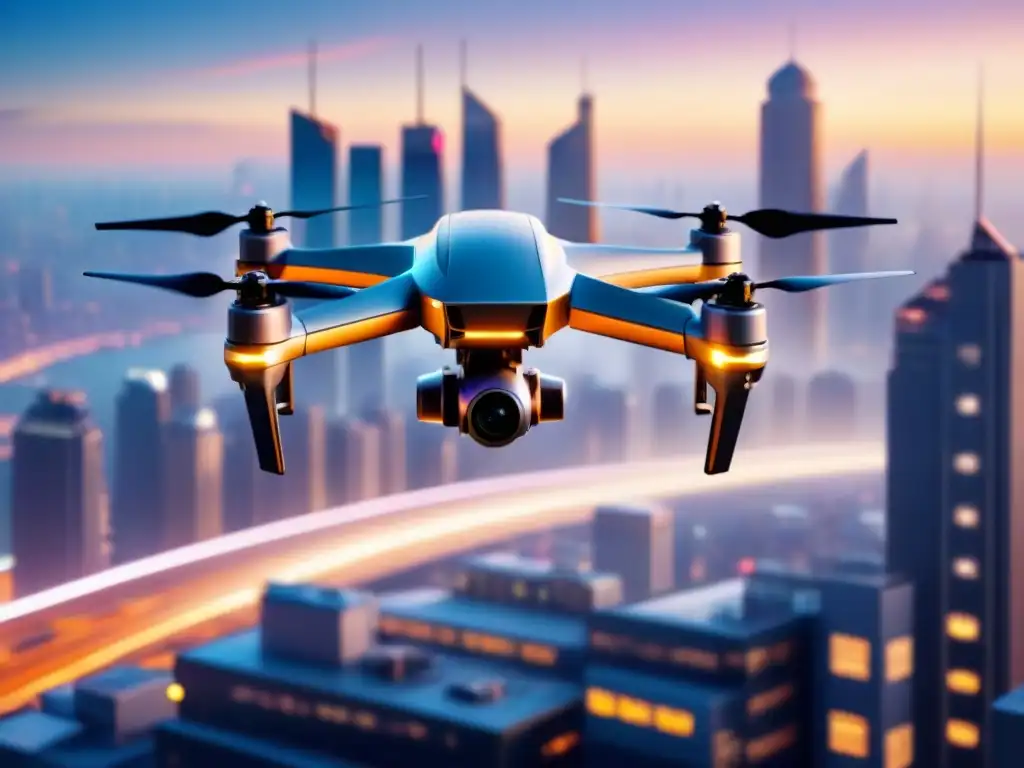 Un dron futurista entregando un paquete en una ciudad moderna al anochecer, con tecnologías emergentes en cadenas de suministro