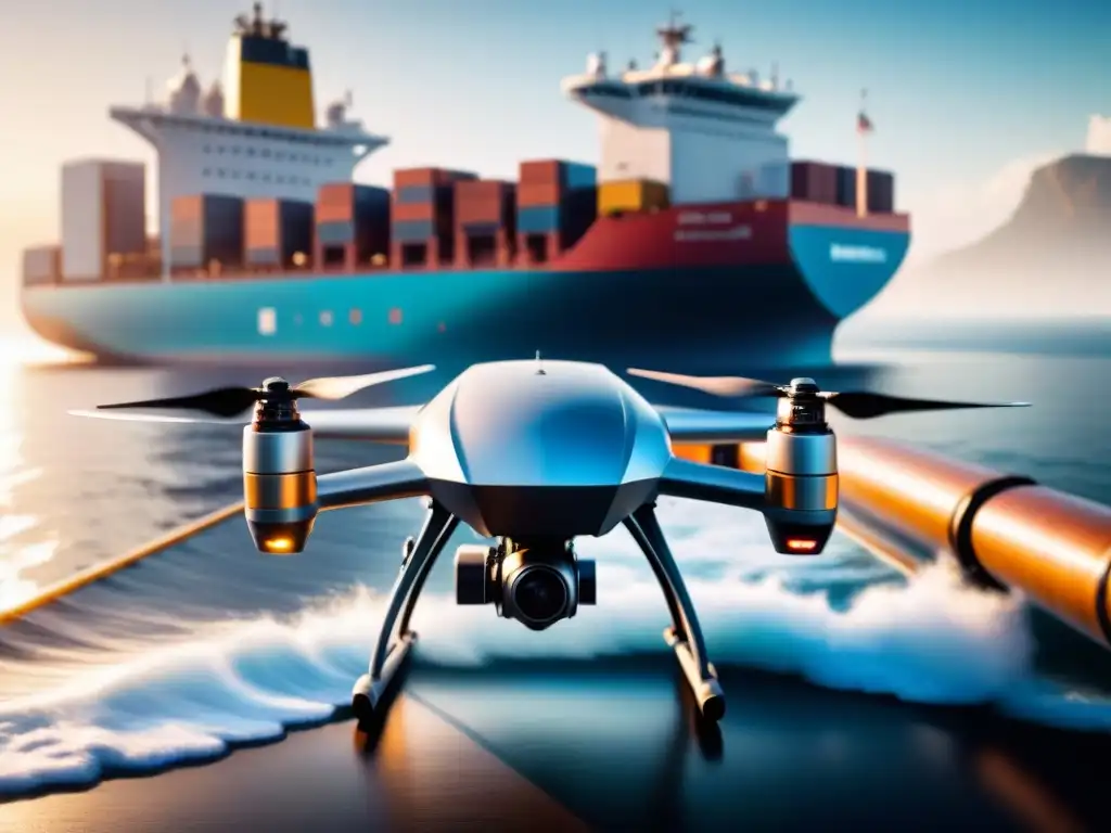 Un dron futurista inspecciona con precisión un buque en el mar, reflejando el sol en su cuerpo metálico