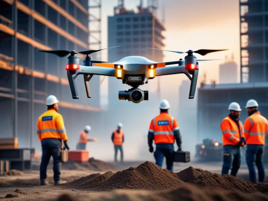 Dron futurista supervisando seguridad en obra