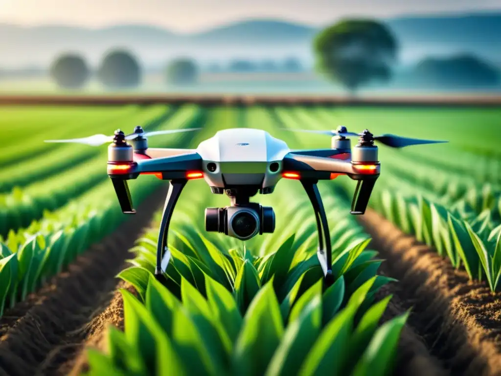 Un dron futurista con sensores fotónicos sobrevuela un campo de agricultura de precisión verde exuberante, mostrando innovación tecnológica