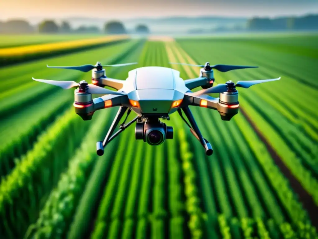 Un dron agrícola moderno sobrevolando un campo verde, con tecnología avanzada para Agricultura de precisión sustentable