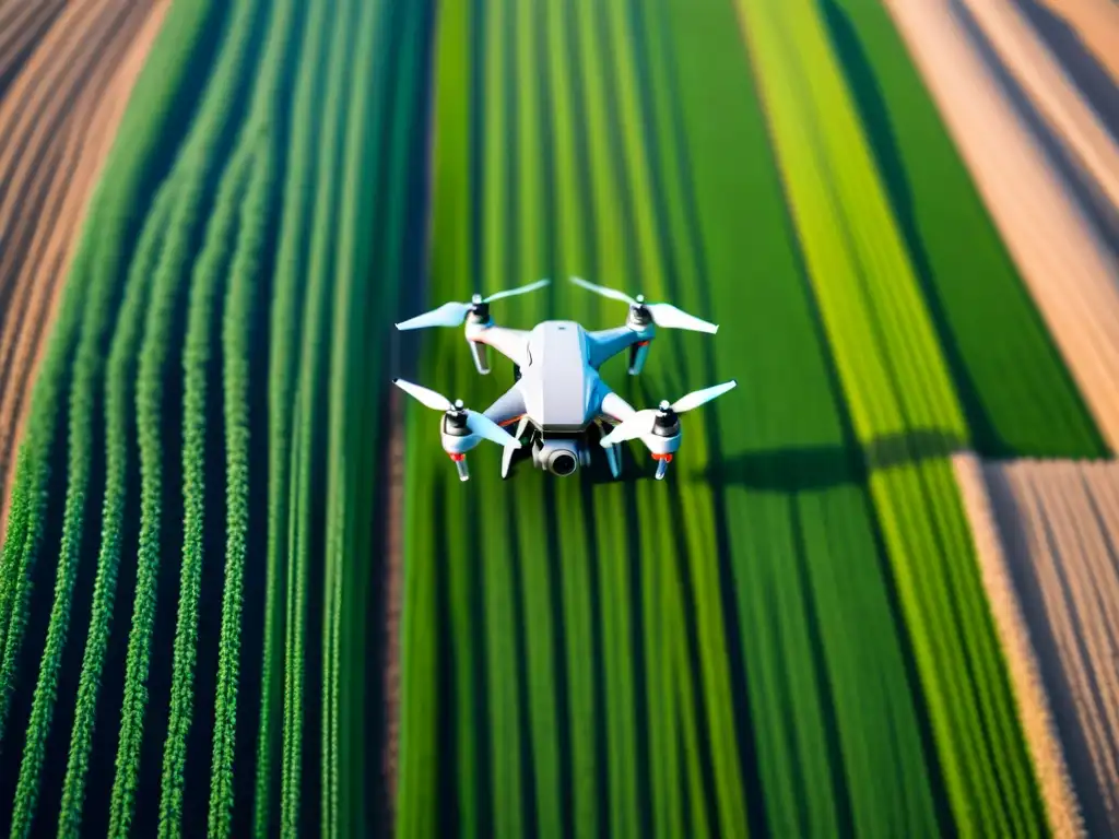 Un dron moderno sobrevolando un campo agrícola verde, destacando la tecnología drones gestión sostenible recursos agrícolas