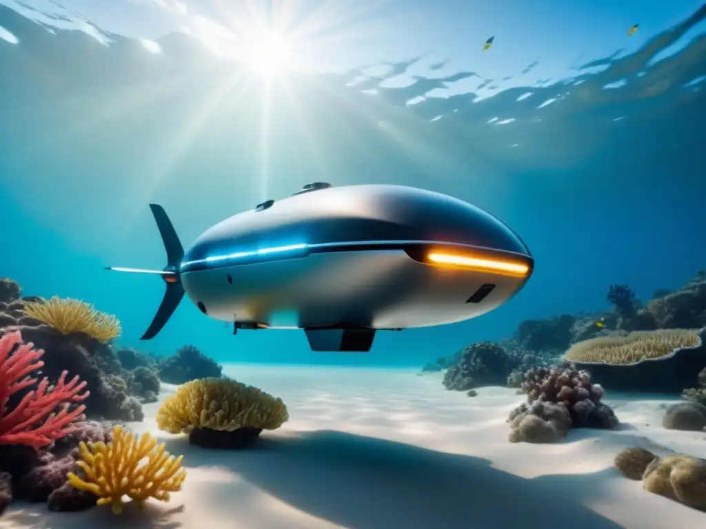 Un dron submarino explorando las aguas oceánicas con tecnología avanzada y diseño elegante, iluminado por los rayos del sol