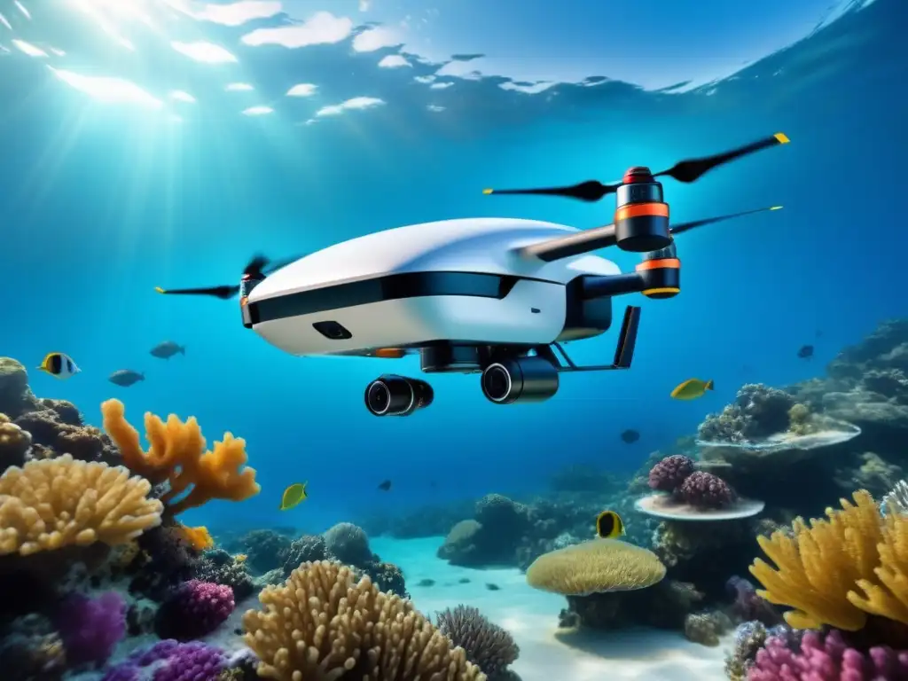 Un dron submarino de exploración oceánica deslizándose con elegancia en aguas cristalinas junto a arrecifes de coral y vida marina colorida