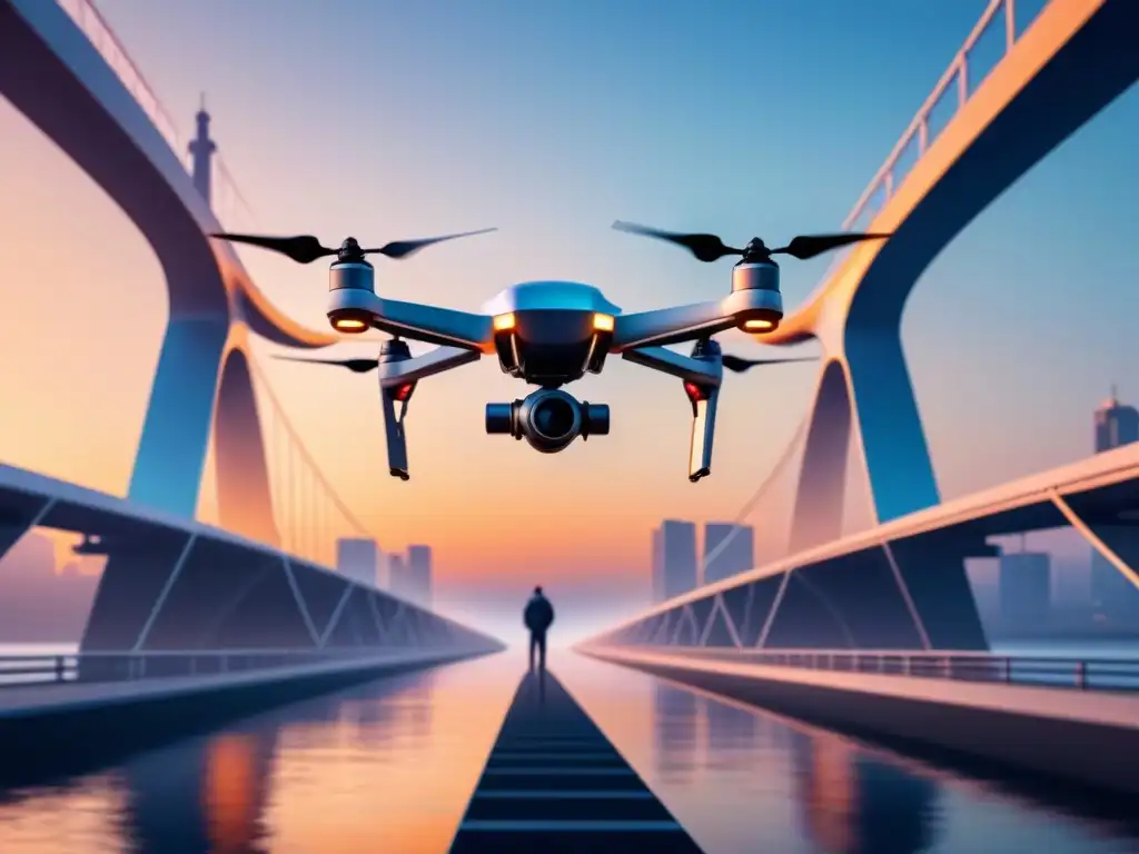 Un drone inspecciona una alta infraestructura al atardecer, con un diseño moderno y detallado