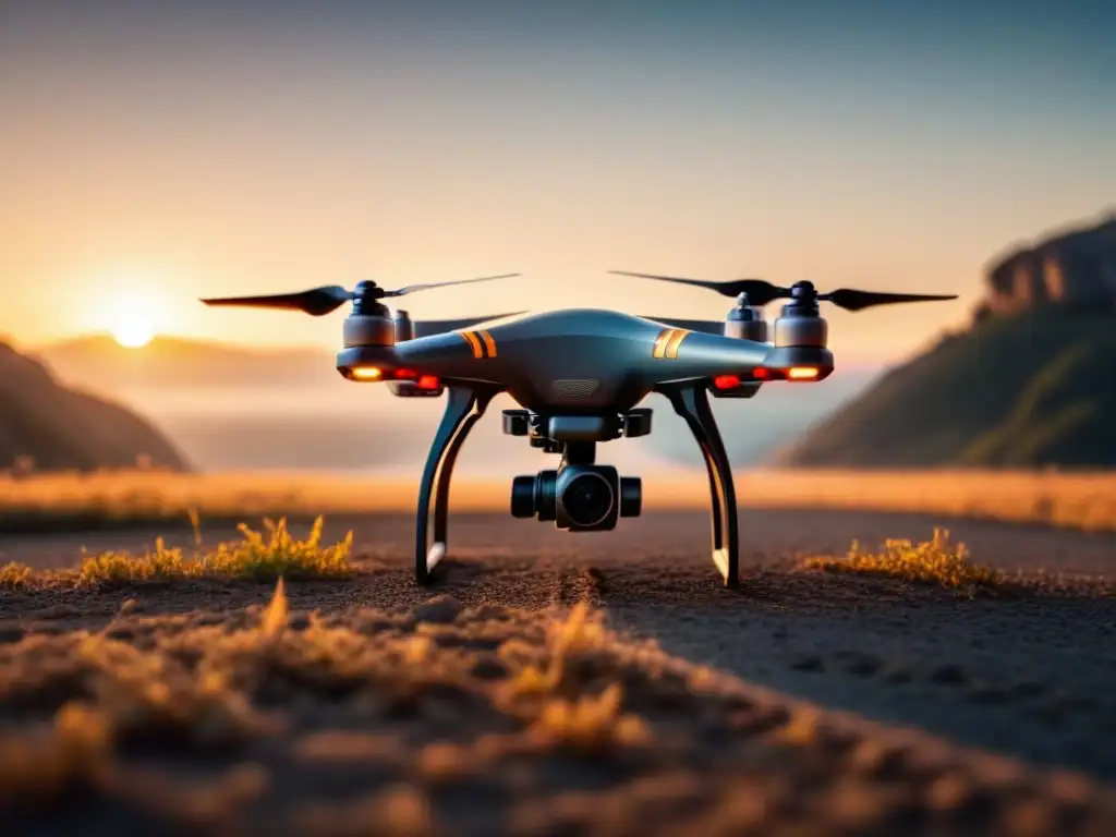 Un drone de alta tecnología se eleva con gracia en un atardecer pintoresco, proyectando una larga sombra en el suelo