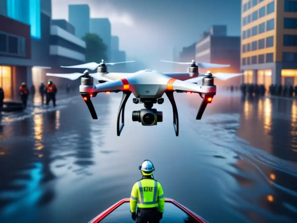 Un drone sobrevuela una ciudad inundada con personal de emergencia, mostrando su papel en la gestión de desastres