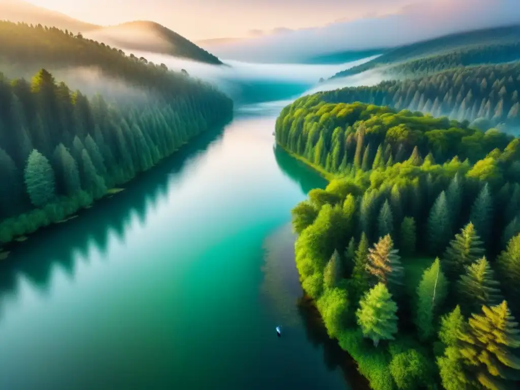 Un drone sobrevolando un frondoso bosque al amanecer, proyectando sombra sobre los árboles con el cielo reflejado en un lago sereno