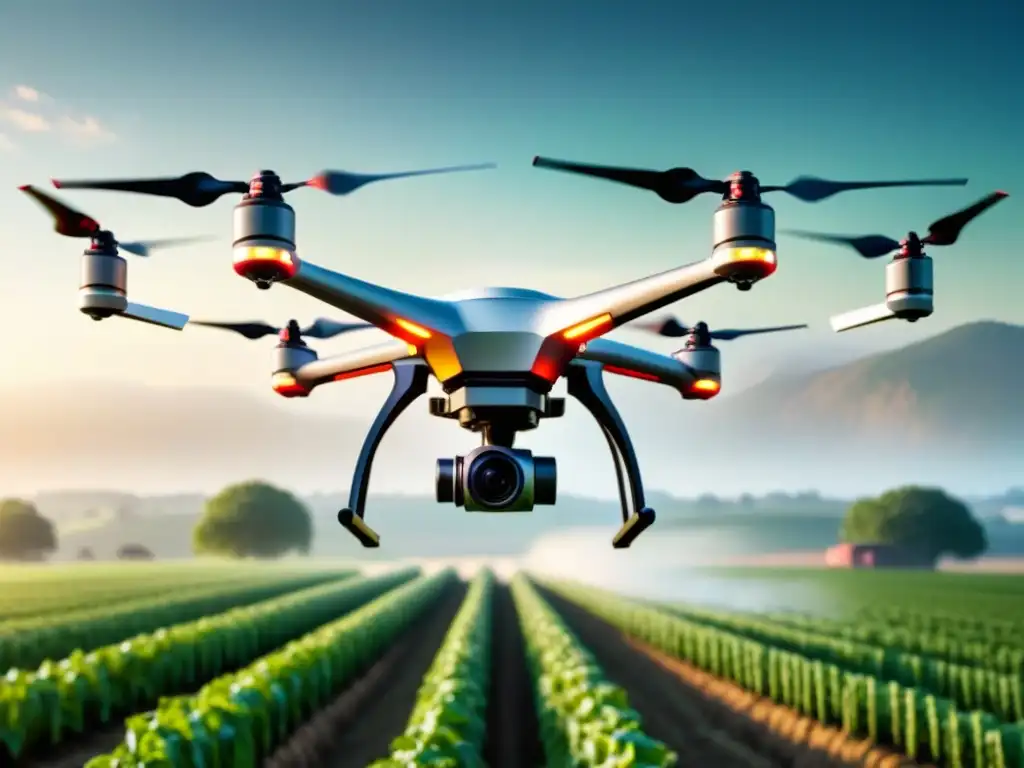 Un drone futurista sobrevolando un campo agrícola, destacando la tecnología avanzada