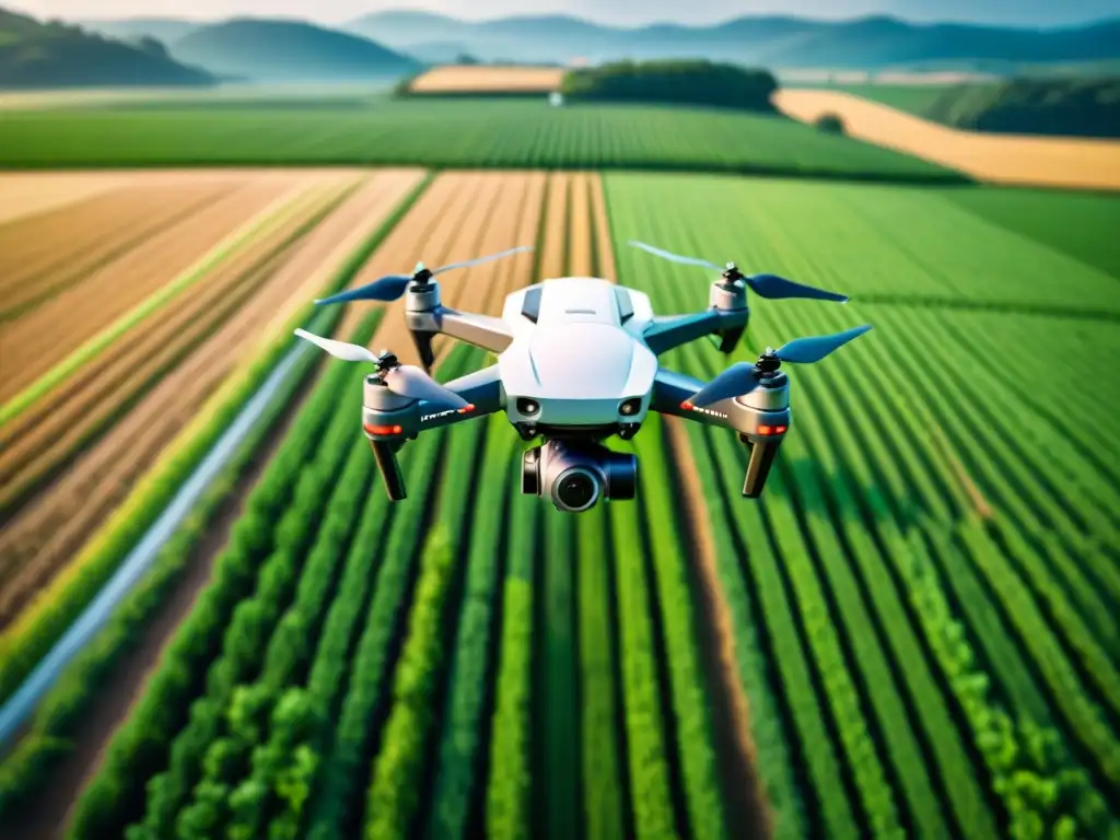 Un drone futurista en un campo verde, destacando la agricultura de alta tecnología