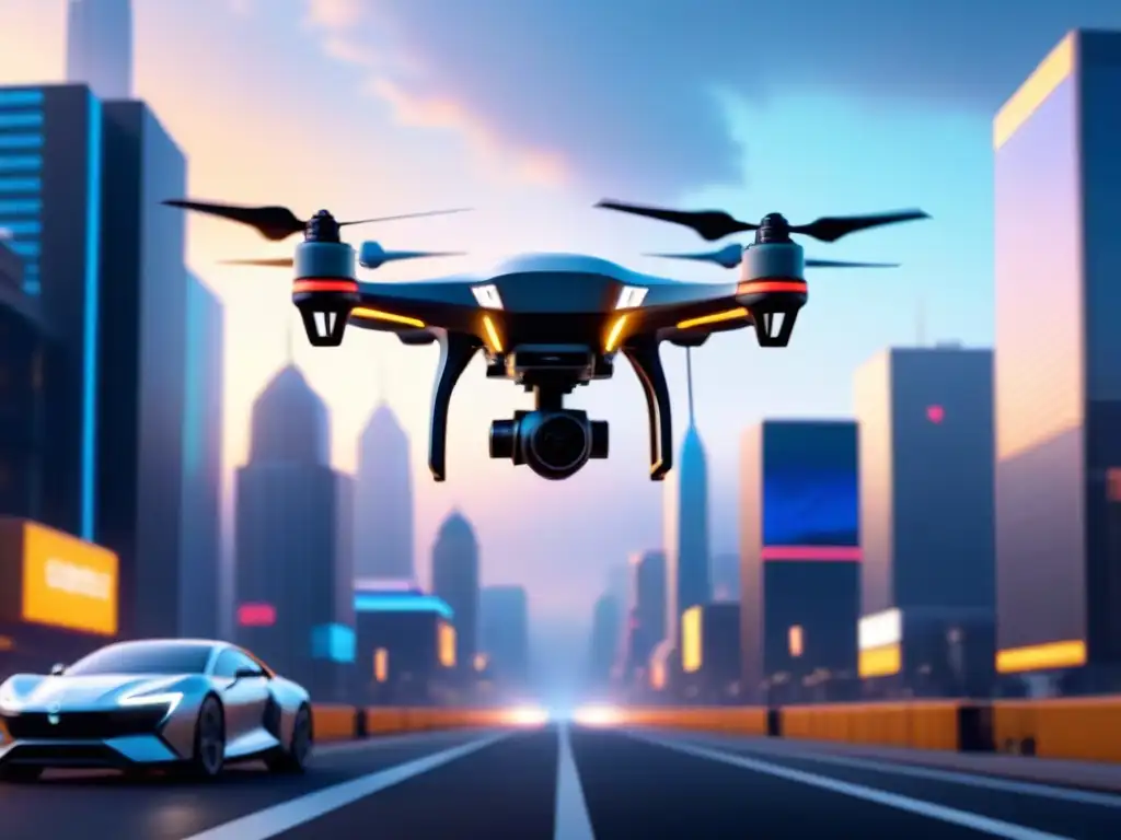 Un drone autónomo futurista recorriendo una ciudad compleja a alta velocidad, destacando la IA en sistemas autónomos tiempo real