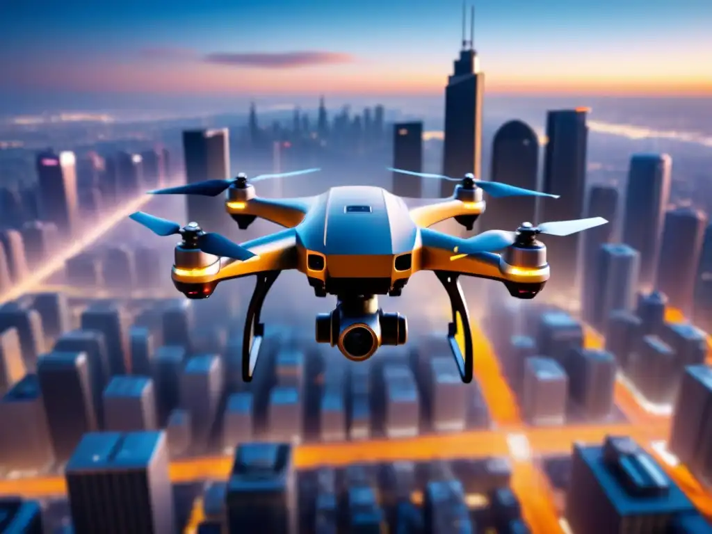 Un drone autónomo futurista sobrevuela la ciudad de noche, iluminando el paisaje urbano con luces etéreas